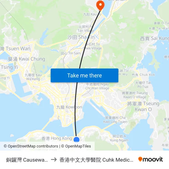 銅鑼灣 Causeway Bay to 香港中文大學醫院 Cuhk Medical Centre map