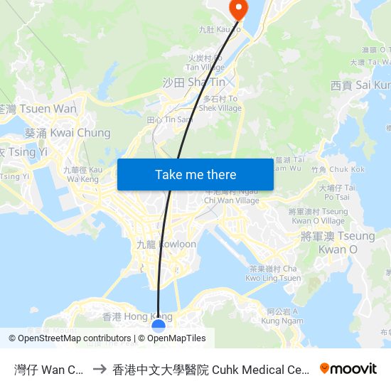 灣仔 Wan Chai to 香港中文大學醫院 Cuhk Medical Centre map