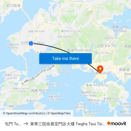 屯門 Tuen Mun to 東華三院徐展堂門診大樓 Twghs Tsui Tsin Tong Outpatient Building map
