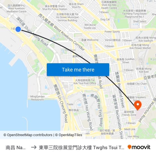 南昌 Nam Cheong to 東華三院徐展堂門診大樓 Twghs Tsui Tsin Tong Outpatient Building map