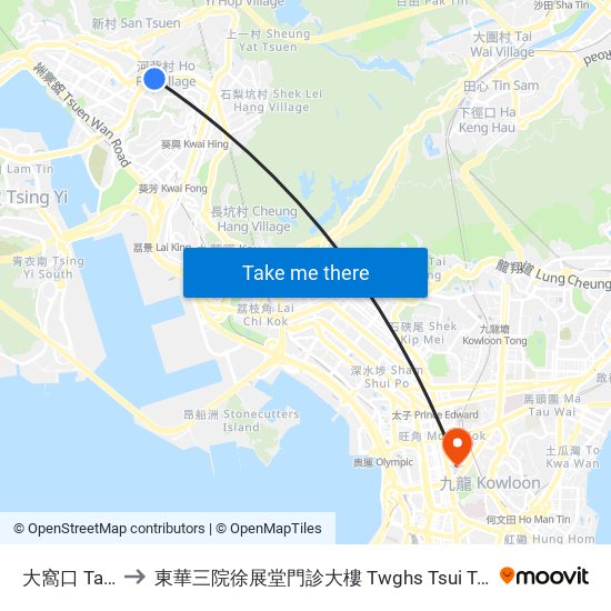 大窩口 Tai Wo Hau to 東華三院徐展堂門診大樓 Twghs Tsui Tsin Tong Outpatient Building map