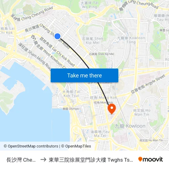 長沙灣 Cheung Sha Wan to 東華三院徐展堂門診大樓 Twghs Tsui Tsin Tong Outpatient Building map
