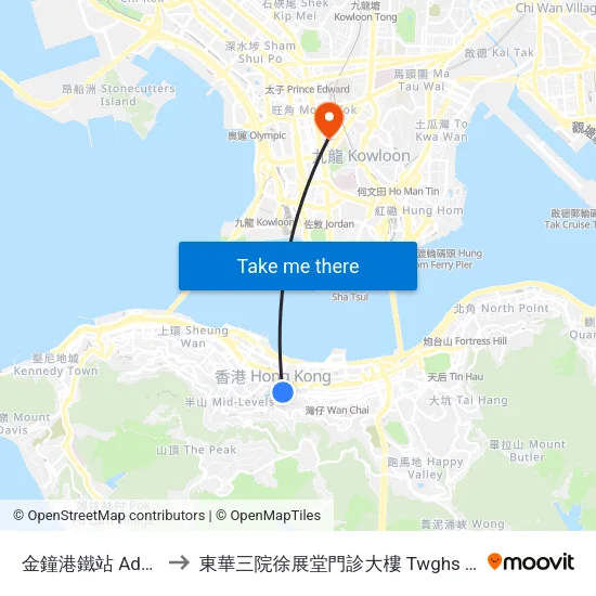 金鐘港鐵站 Admiralty Mtr Station to 東華三院徐展堂門診大樓 Twghs Tsui Tsin Tong Outpatient Building map