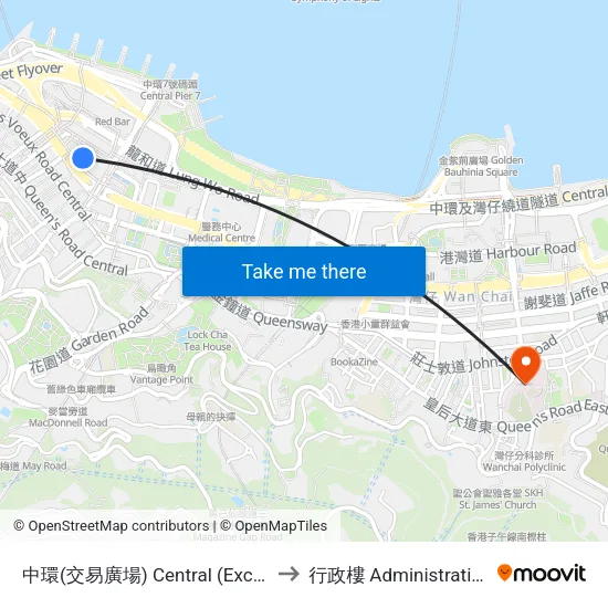 中環(交易廣場) Central (Exchange Square) to 行政樓 Administration Building map