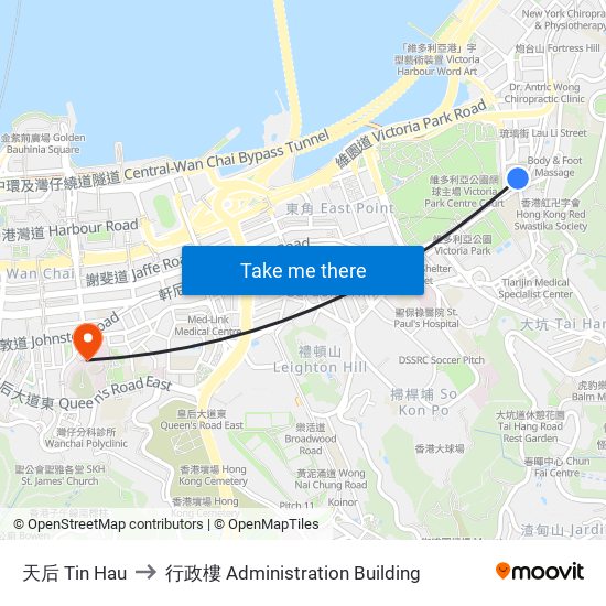 天后 Tin Hau to 行政樓 Administration Building map