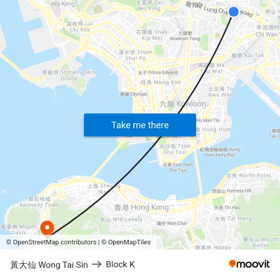 黃大仙 Wong Tai Sin to Block K map