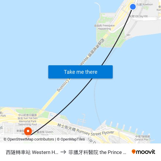 西隧轉車站 Western Harbour Tunnel Bbi to 菲臘牙科醫院 the Prince Philip Dental Hospital map