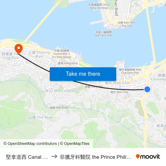 堅拿道西 Canal Road West to 菲臘牙科醫院 the Prince Philip Dental Hospital map