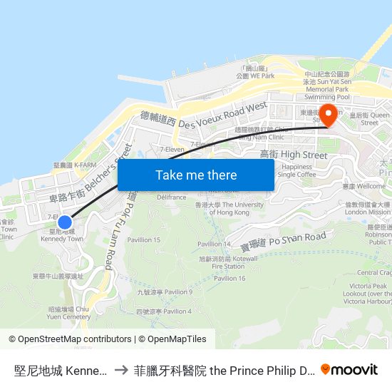 堅尼地城 Kennedy Town to 菲臘牙科醫院 the Prince Philip Dental Hospital map