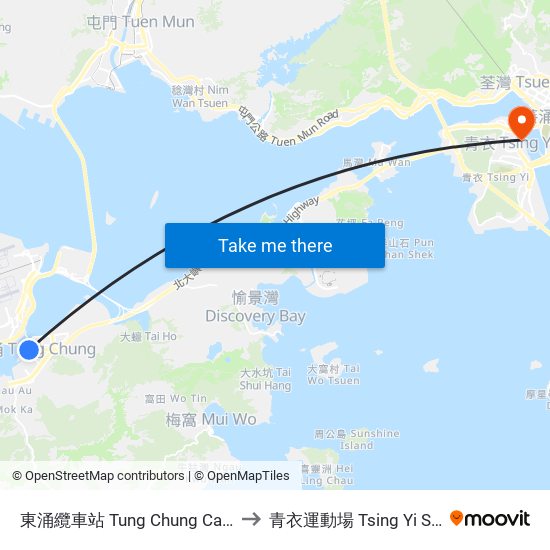 東涌纜車站 Tung Chung Cable Car Terminal to 青衣運動場 Tsing Yi Sports Ground map