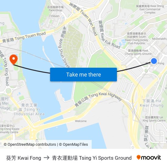 葵芳 Kwai Fong to 青衣運動場 Tsing Yi Sports Ground map