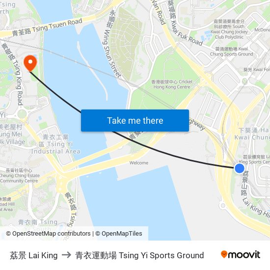 荔景 Lai King to 青衣運動場 Tsing Yi Sports Ground map