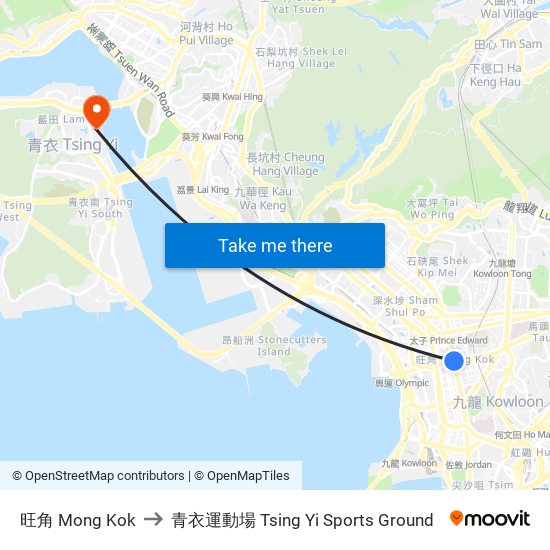 旺角 Mong Kok to 青衣運動場 Tsing Yi Sports Ground map