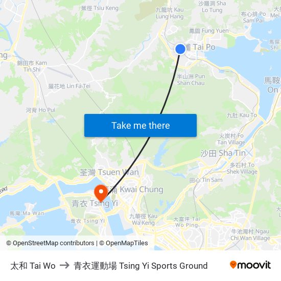 太和 Tai Wo to 青衣運動場 Tsing Yi Sports Ground map