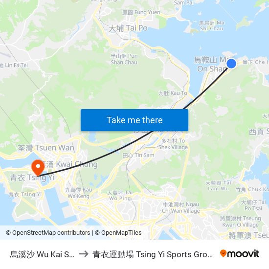 烏溪沙 Wu Kai Sha to 青衣運動場 Tsing Yi Sports Ground map