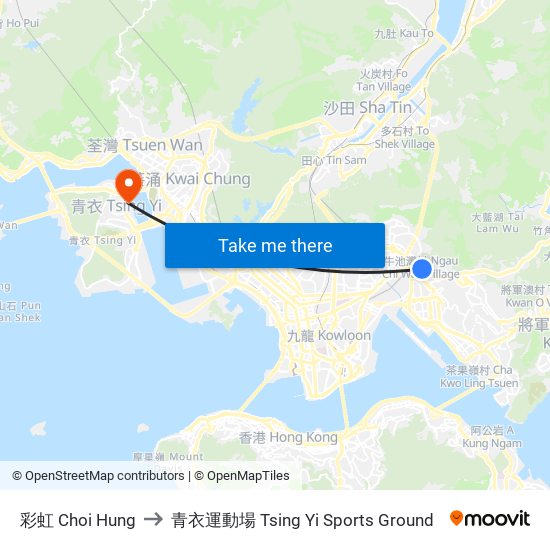 彩虹 Choi Hung to 青衣運動場 Tsing Yi Sports Ground map