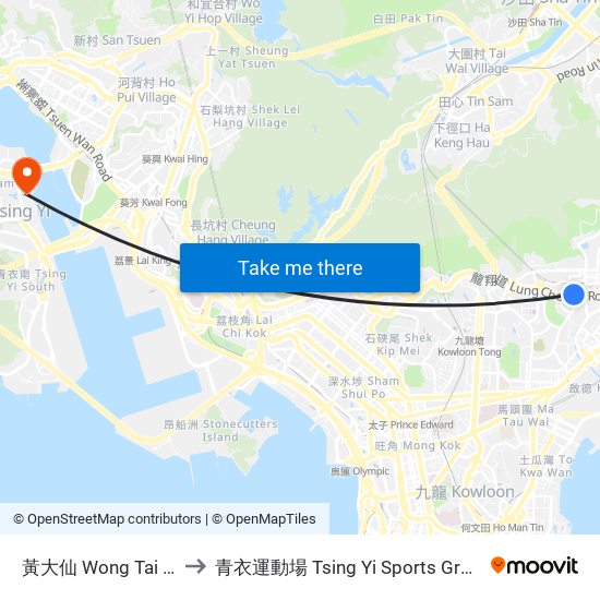 黃大仙 Wong Tai Sin to 青衣運動場 Tsing Yi Sports Ground map
