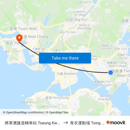 將軍澳隧道轉車站 Tseung Kwan O Tunnel Bus Interchange to 青衣運動場 Tsing Yi Sports Ground map