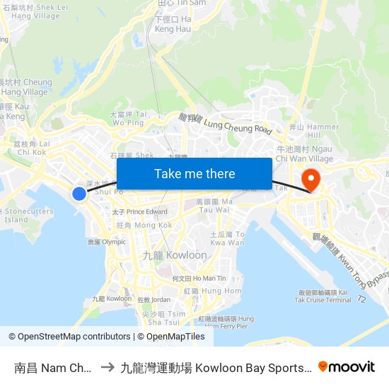 南昌 Nam Cheong to 九龍灣運動場 Kowloon Bay Sports Ground map