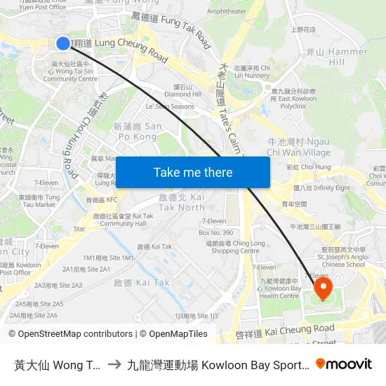 黃大仙 Wong Tai Sin to 九龍灣運動場 Kowloon Bay Sports Ground map