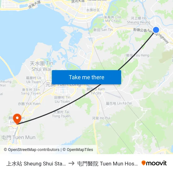 上水站 Sheung Shui Station to 屯門醫院 Tuen Mun Hospital map