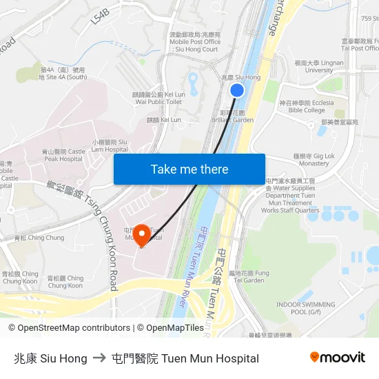 兆康 Siu Hong to 屯門醫院 Tuen Mun Hospital map