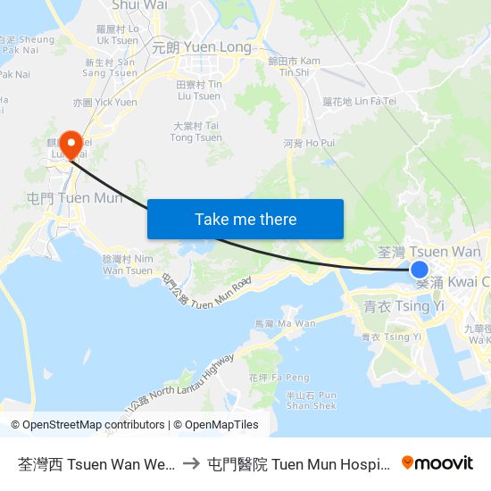 荃灣西 Tsuen Wan West to 屯門醫院 Tuen Mun Hospital map