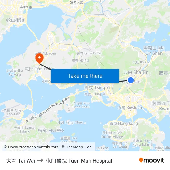 大圍 Tai Wai to 屯門醫院 Tuen Mun Hospital map