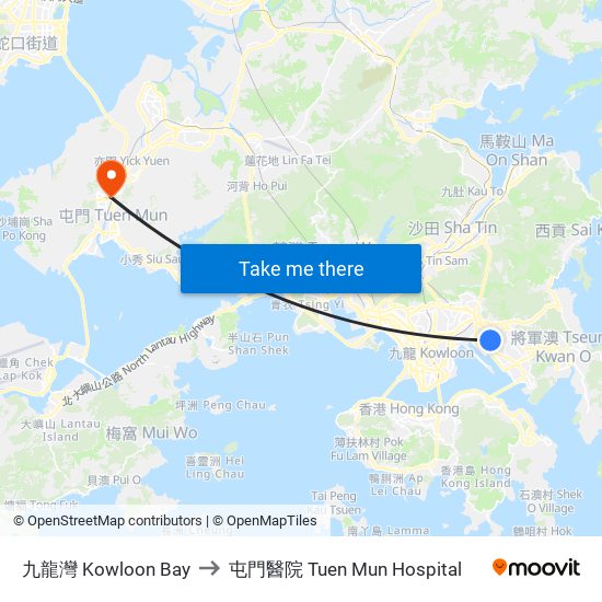 九龍灣 Kowloon Bay to 屯門醫院 Tuen Mun Hospital map