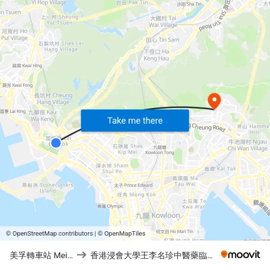 美孚轉車站 Mei Foo Bbi to 香港浸會大學王李名珍中醫藥臨床研究服務中心 map