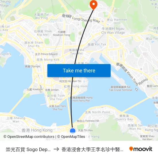崇光百貨 Sogo Department Store to 香港浸會大學王李名珍中醫藥臨床研究服務中心 map