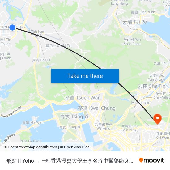 形點 II Yoho Mall II to 香港浸會大學王李名珍中醫藥臨床研究服務中心 map