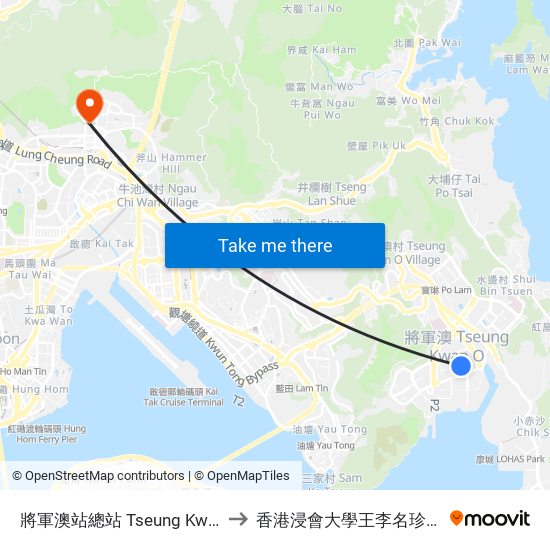 將軍澳站總站 Tseung Kwan O Station Bus Terminus to 香港浸會大學王李名珍中醫藥臨床研究服務中心 map