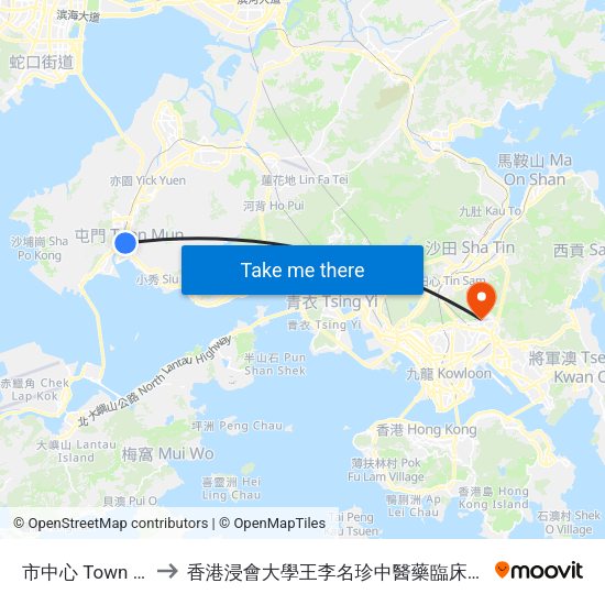 市中心 Town Centre to 香港浸會大學王李名珍中醫藥臨床研究服務中心 map
