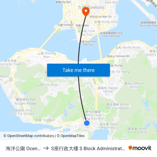 海洋公園 Ocen Park to S座行政大樓 S Block Administration Block map