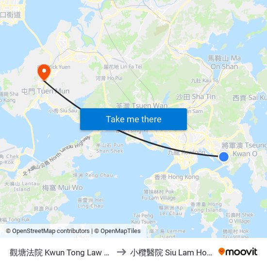 觀塘法院 Kwun Tong Law Courts to 小欖醫院 Siu Lam Hospital map