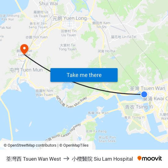 荃灣西 Tsuen Wan West to 小欖醫院 Siu Lam Hospital map