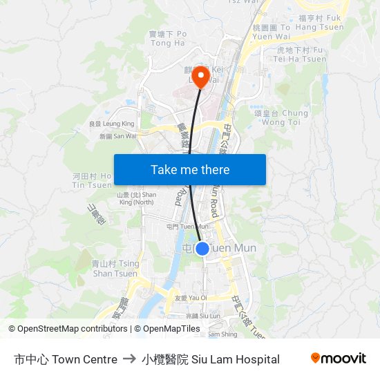 市中心 Town Centre to 小欖醫院 Siu Lam Hospital map