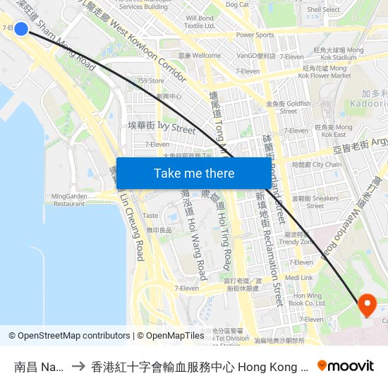 南昌 Nam Cheong to 香港紅十字會輸血服務中心 Hong Kong Red Cross Blood Transfusion Service map