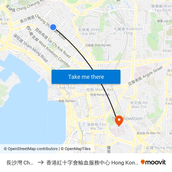 長沙灣 Cheung Sha Wan to 香港紅十字會輸血服務中心 Hong Kong Red Cross Blood Transfusion Service map