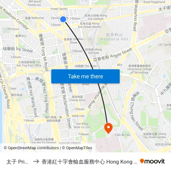 太子 Prince Edward to 香港紅十字會輸血服務中心 Hong Kong Red Cross Blood Transfusion Service map