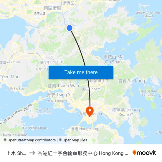 上水 Sheung Shui to 香港紅十字會輸血服務中心 Hong Kong Red Cross Blood Transfusion Service map