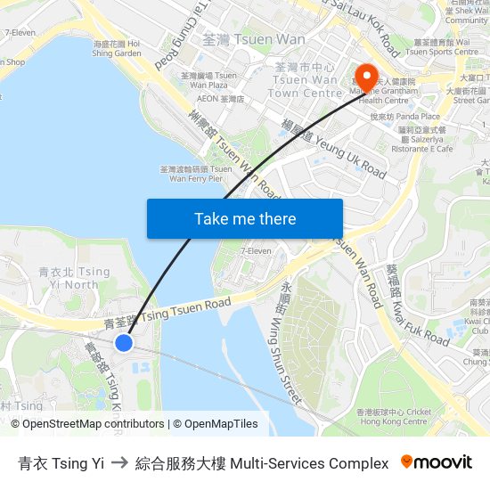 青衣 Tsing Yi to 綜合服務大樓 Multi-Services Complex map