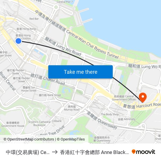 中環(交易廣場) Central (Exchange Square) to 香港紅十字會總部 Anne Black Hong Kong Red Cross Headquarters map