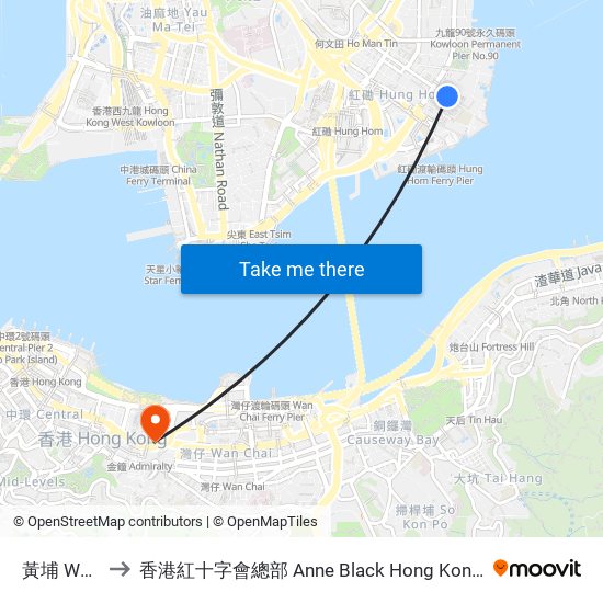 黃埔 Whampoa to 香港紅十字會總部 Anne Black Hong Kong Red Cross Headquarters map