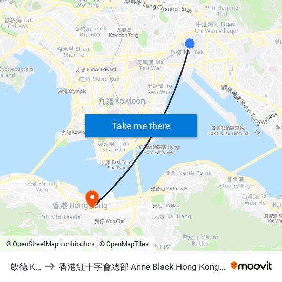 啟德 Kai Tak to 香港紅十字會總部 Anne Black Hong Kong Red Cross Headquarters map