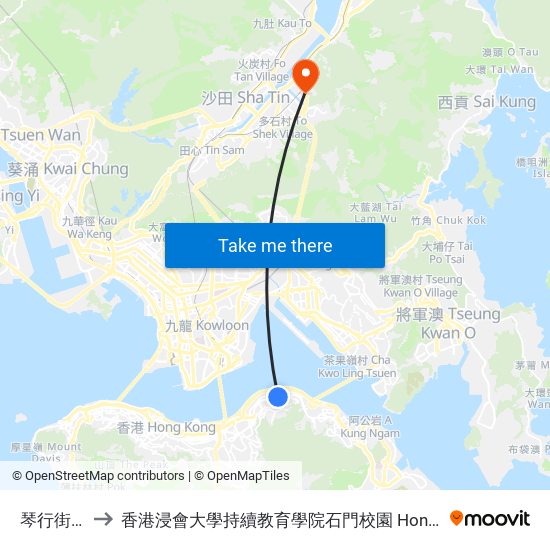 琴行街 Kam Hong Street to 香港浸會大學持續教育學院石門校園 Hong Kong Baptist University College Of International Education Shek Mun Campus map