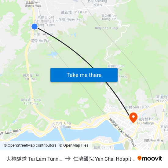 大欖隧道 Tai Lam Tunnel to 仁濟醫院 Yan Chai Hospital map