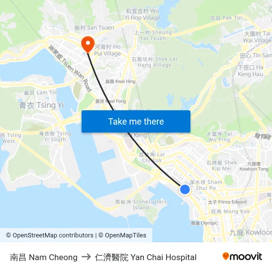 南昌 Nam Cheong to 仁濟醫院 Yan Chai Hospital map