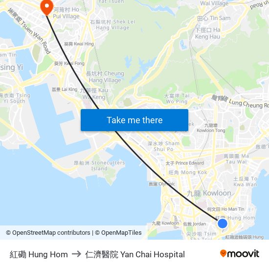 紅磡 Hung Hom to 仁濟醫院 Yan Chai Hospital map